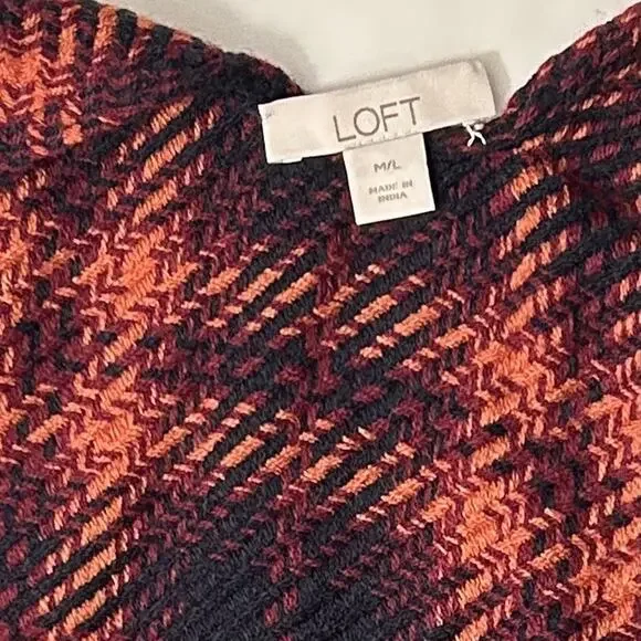Loft Poncho Wrap Sweater Medium / Large Burgundy Blue Orange Plaid NWOT Bohemian - Picture 6 of 9